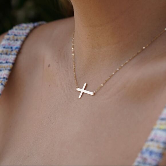 14K Solid Gold Sideways Cross Necklace | A Gift of Devotion and Style | - Picture 2 of 4